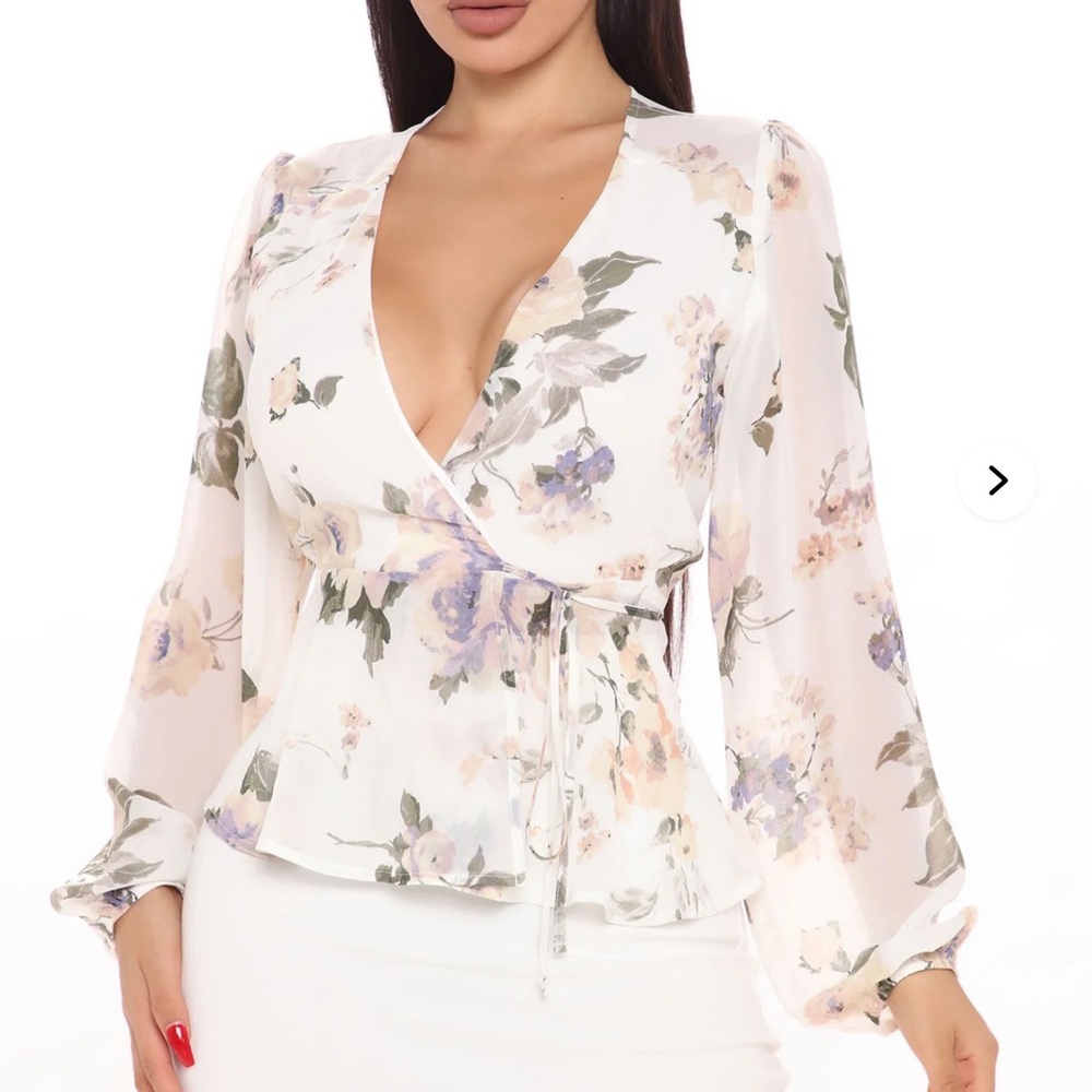 Fashion Nova Floral Wrap Blouse - Cream and Purple